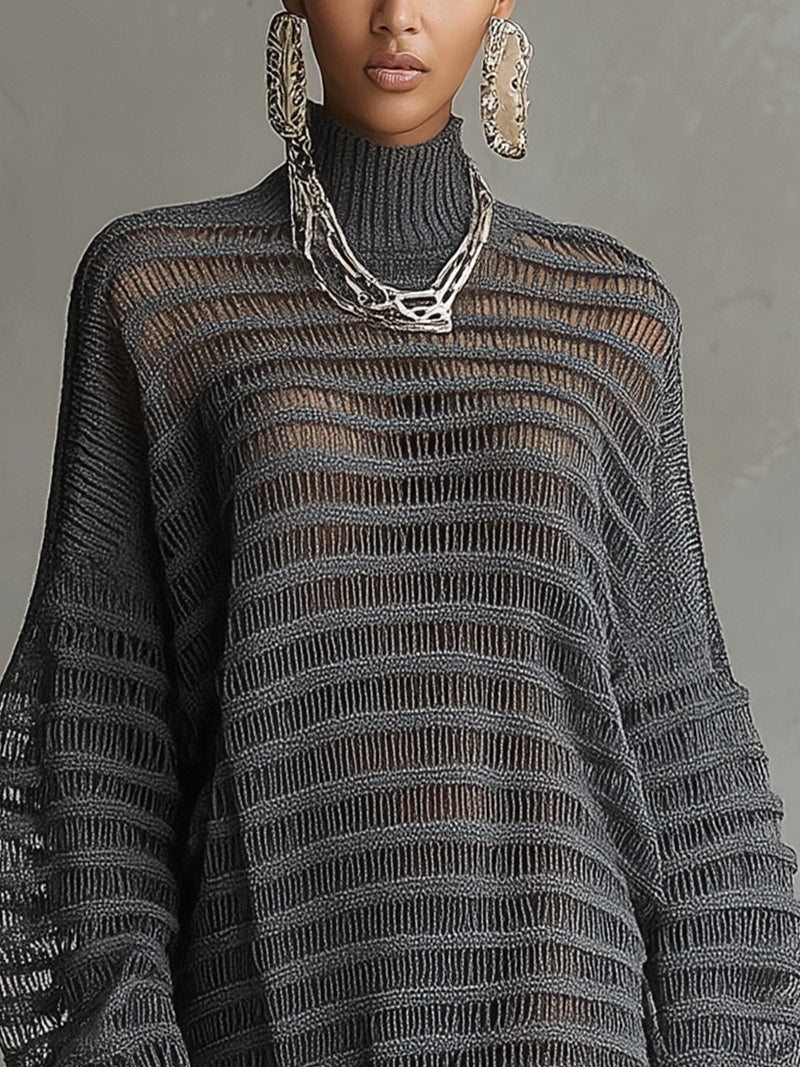 Gray Open-Knit Turtleneck Sweater Dress With Balloon Sleeves