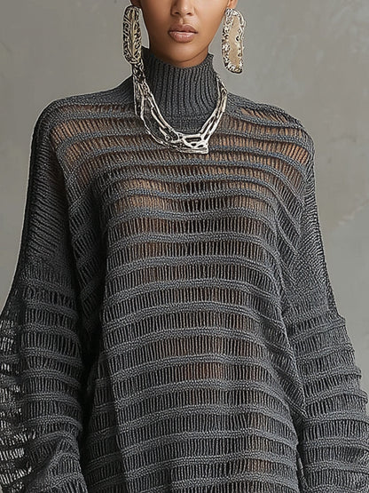 Gray Open-Knit Turtleneck Sweater Dress With Balloon Sleeves