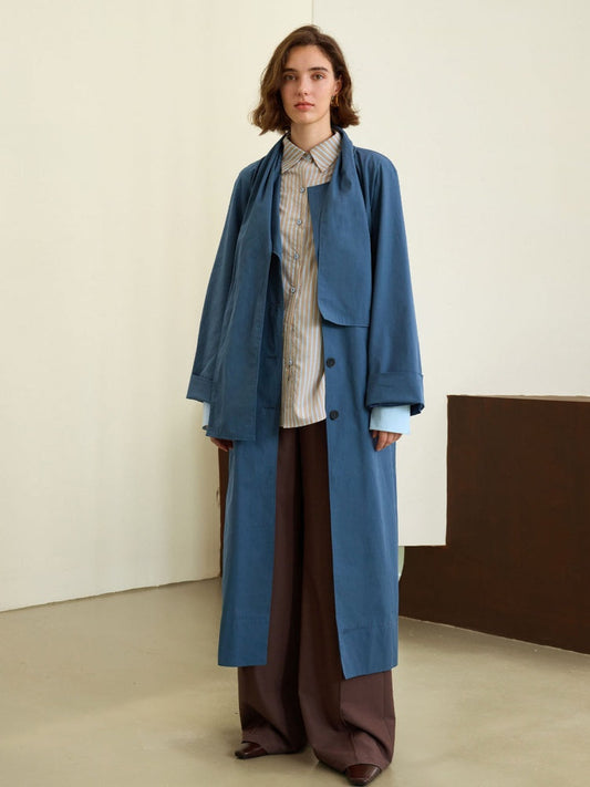 Scarf-Collar Cotton Trench Coat