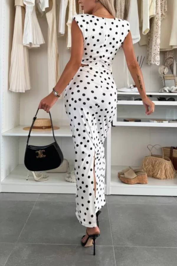 Roxane Polka Dot Print Shoulder Pad Metal Cutout Waist Slit Stretch Maxi Dress