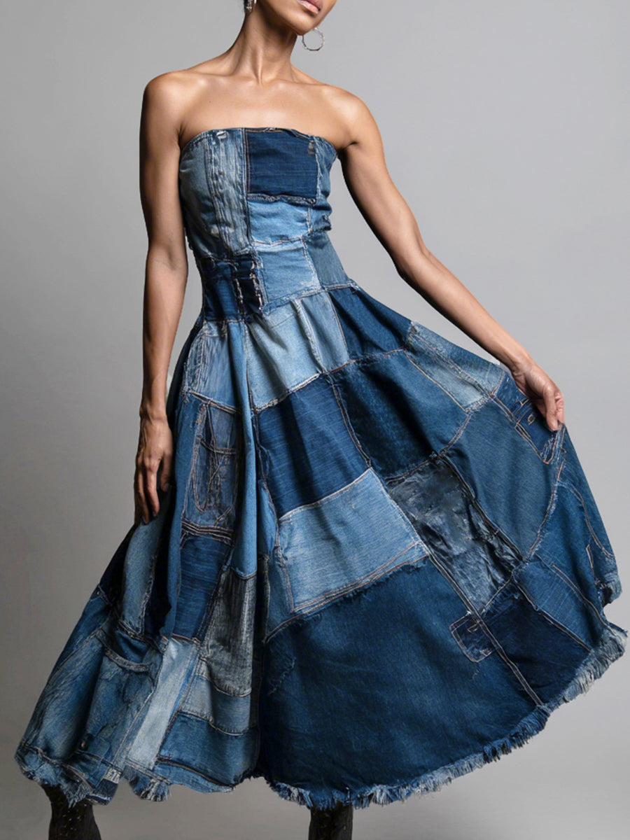 sheenchic Cocktail Party Blue Boat Neck Contrast Vintage Trimmings Denim Maxi Dresses [Pre-Order]