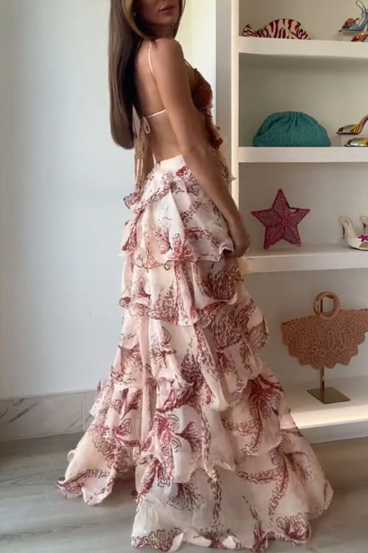Ariae Butterfly Print Multi-layered Ruffles Backless Tie-up Maxi Dress