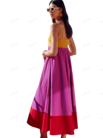 Vacation-Style Color Block Spaghetti Strap Dress