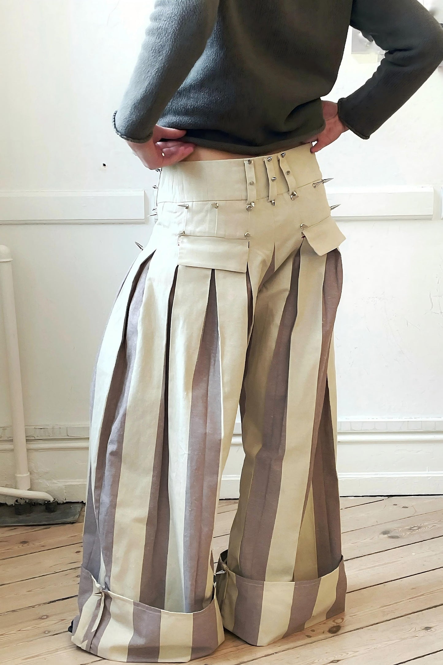 Oversized Stripe Stud-Detail Wide-Leg Pants
