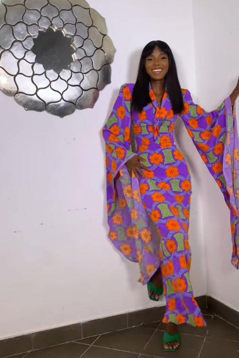 Vibrant Ankara Bell-Sleeve Fitted Maxi Dress