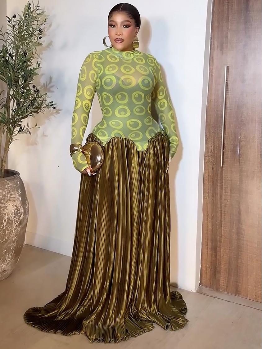 Mesh Panel Retro Pleated Maxi Dress