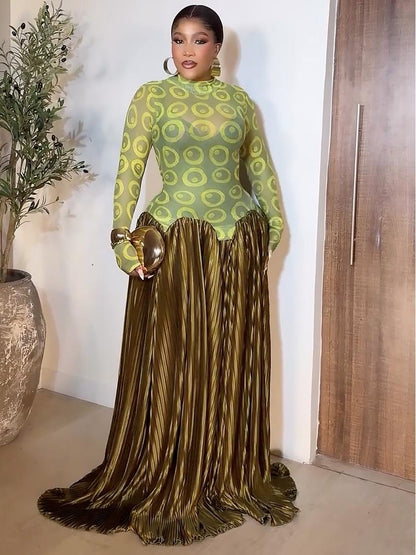 Mesh Panel Retro Pleated Maxi Dress