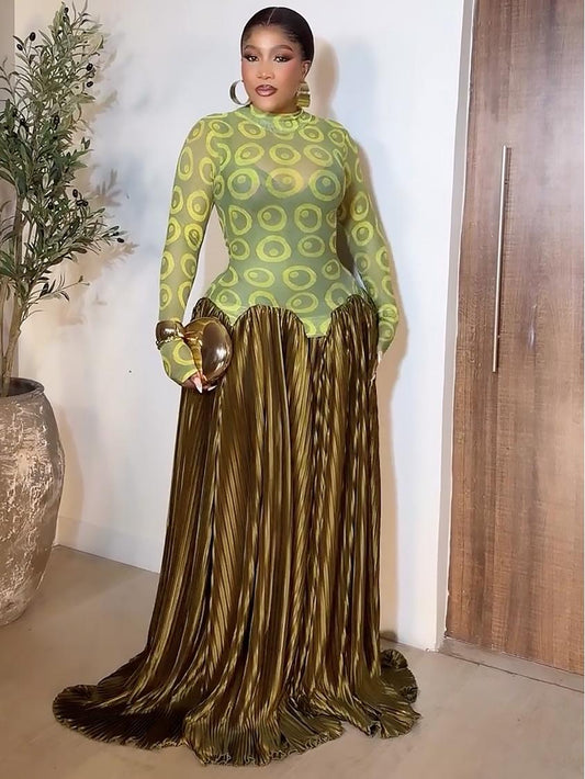 Mesh Panel Retro Pleated Maxi Dress