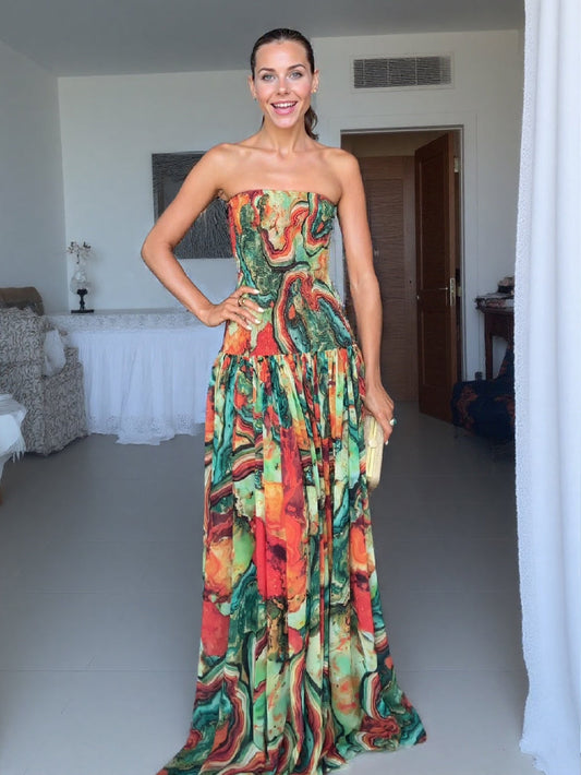 Elegant Wrap Neckline Abstract Print Maxi Dress