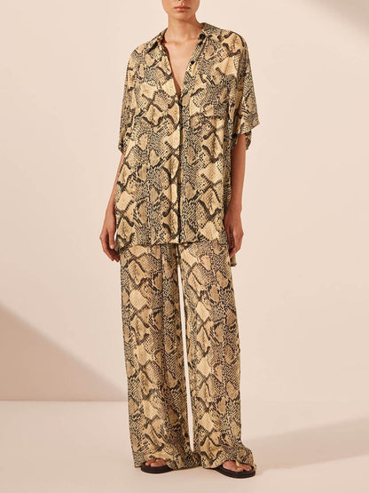 Modern Feel Satin Unique Snake Print Button Down Loose Shirt