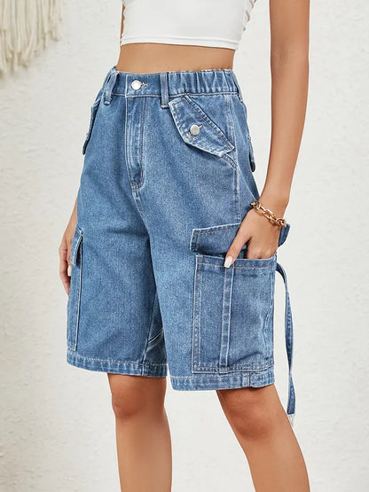 Washed Denim Cargo Shorts