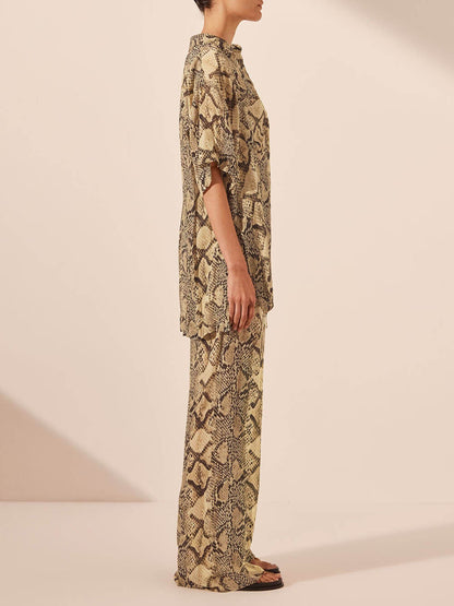 Modern Feel Satin Unique Snake Print Button Down Loose Shirt