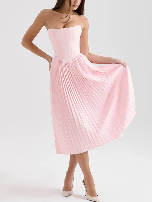 Elegant Strapless Pleated Midi Dress