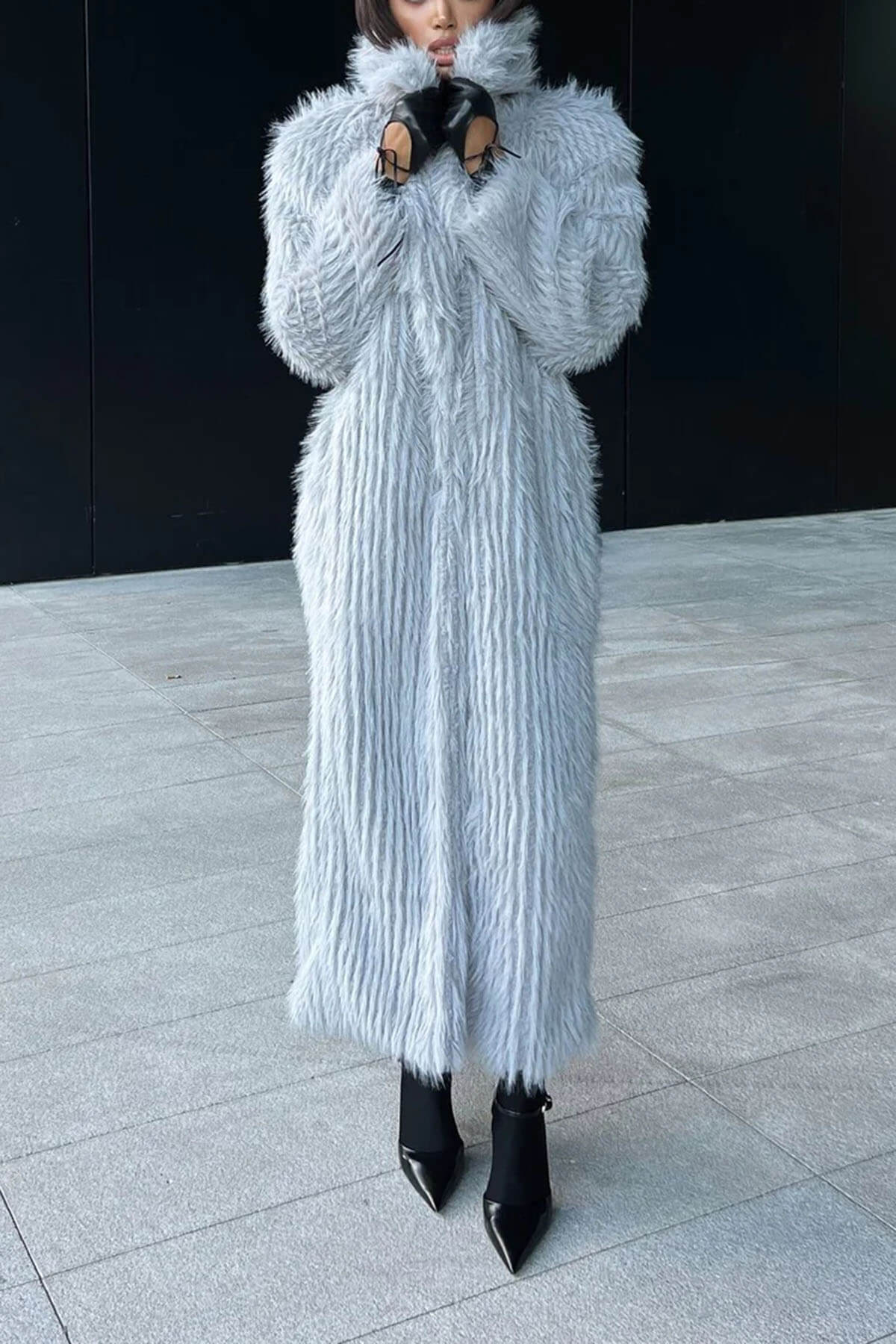 Elegant Lapel Faux Fur Fluffy Long Coat