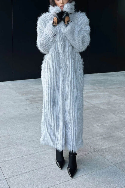 Elegant Lapel Faux Fur Fluffy Long Coat