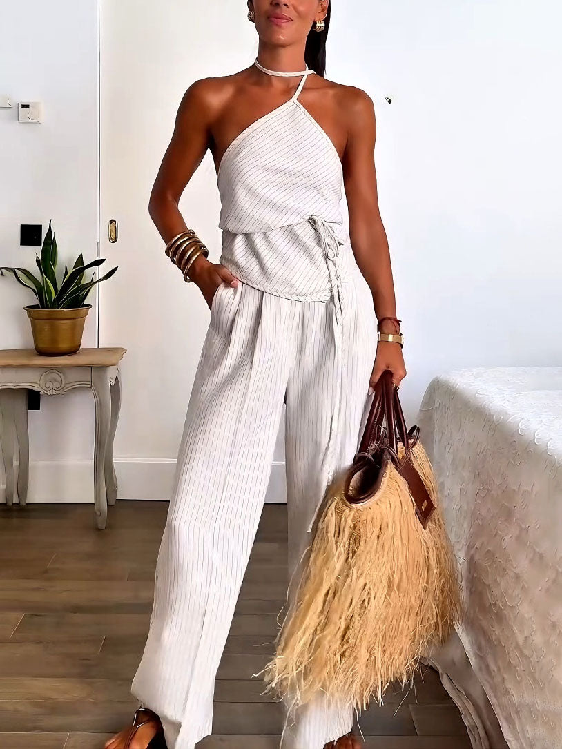 Casual Striped Print Lace-up Vest Wide-leg Pants Two-piece Set