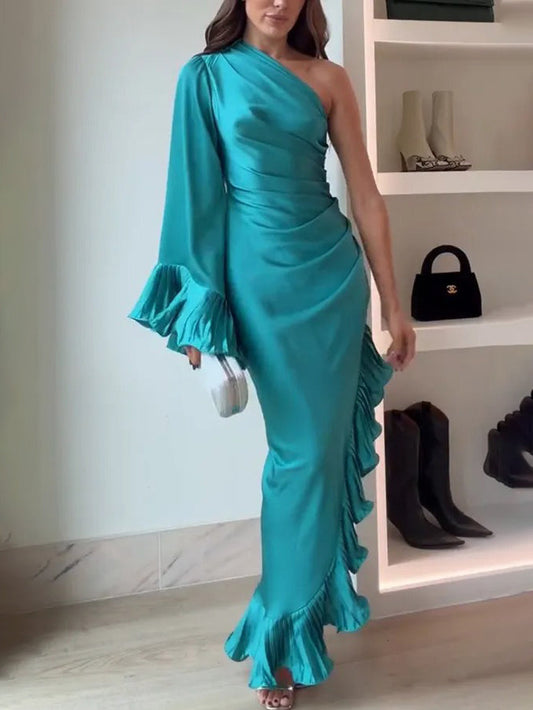 Elegant Satin One-shoulder Ruffled Asymmetrical Maxi Dress