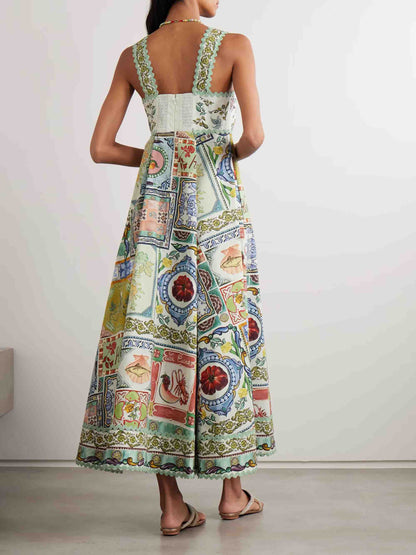 Elegant Square Neck Printed A-Line Midi Dress