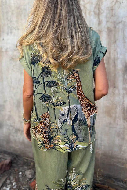 Unique Jungle Print Loose Button-Down Shirt