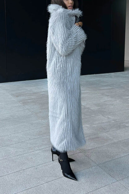 Elegant Lapel Faux Fur Fluffy Long Coat