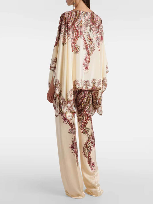 Exquisite Asymmetric Printed Satin Top & Elastic Waist Wide-Leg Pants Set