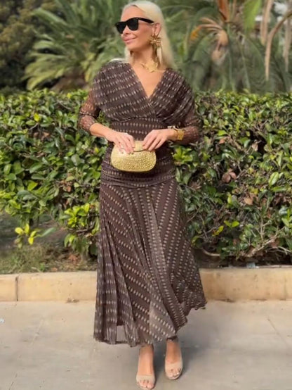 Bohemian Patterned V Neck Mesh Maxi Dress