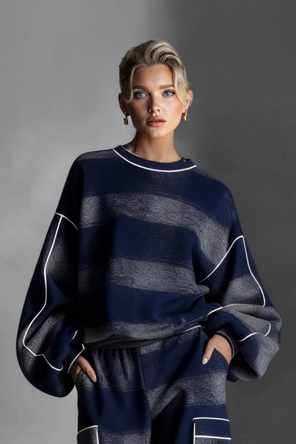 Fashion Street-Style Blue And Gray Plaid Color-Block Loose Top