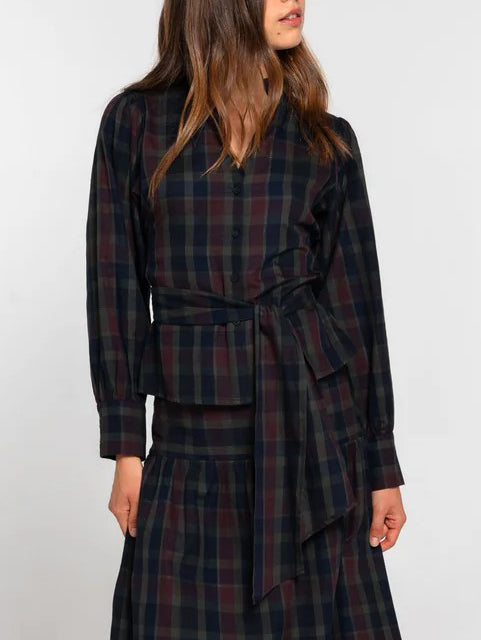 Retro Plaid Print Tie-belt Shirt