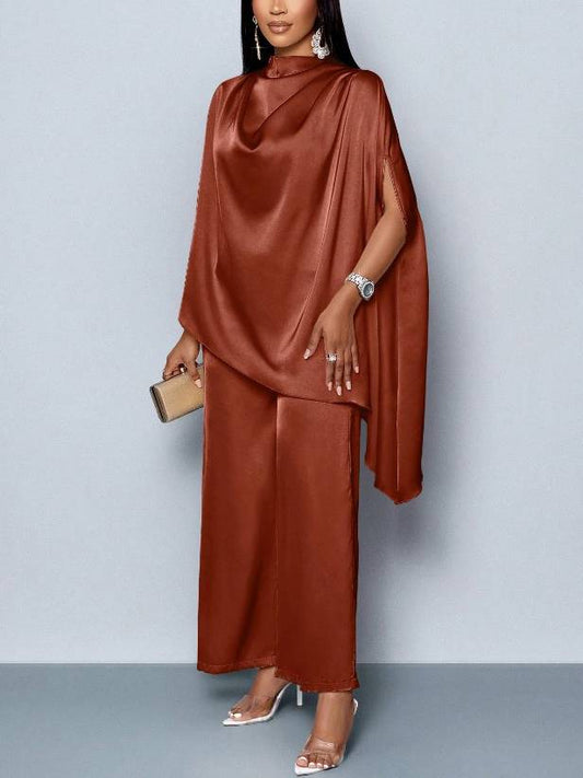 Swing Collar Irregular Hem Shirt And Wide Leg Pants Suit