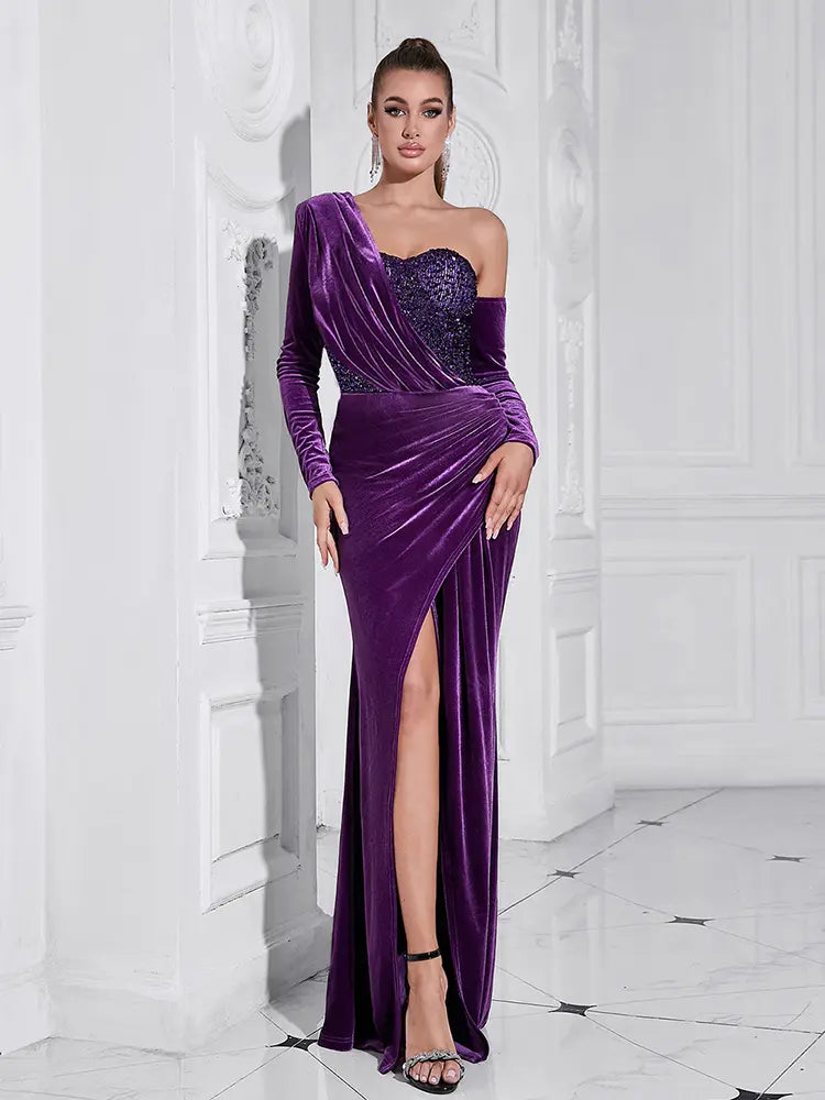 Purple Sequin High-Slit Long Dress