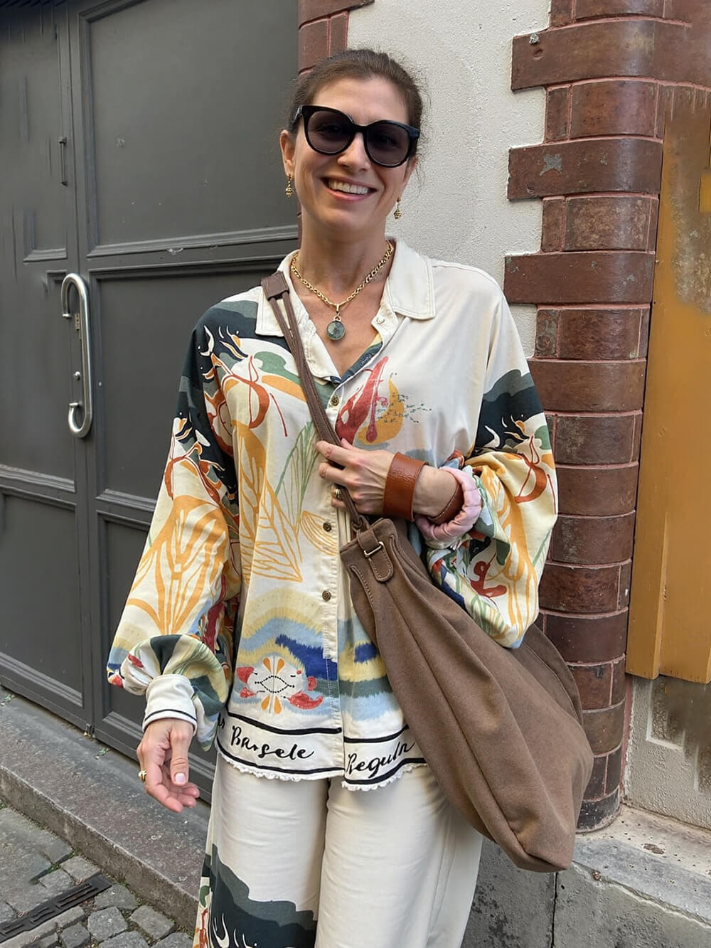 Modern Unique Satin Landscape Print Loose Oversized Shirt