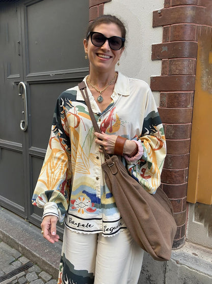 Modern Unique Satin Landscape Print Loose Oversized Shirt