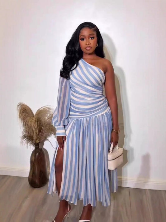 Off-Shoulder Slit  Stripe Maxi Dress