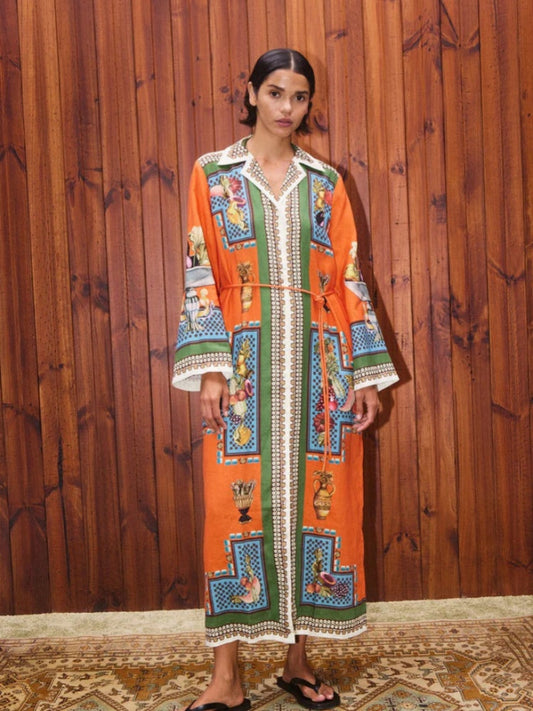 Long-Sleeve Linen Waist Dress