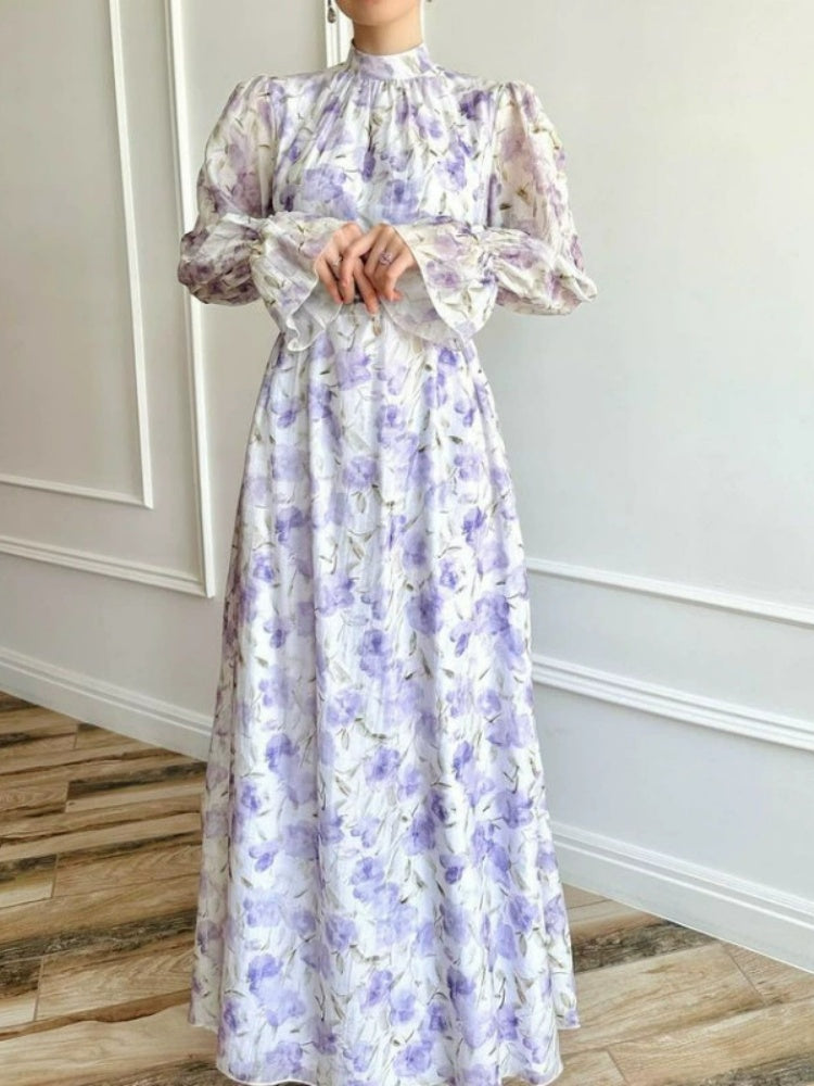 Purple White Floral Chiffon Maxi Dress