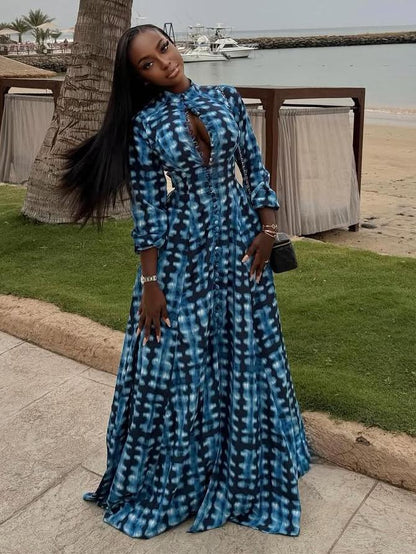 Blue Tie-Dye Button-Front Maxi Dress