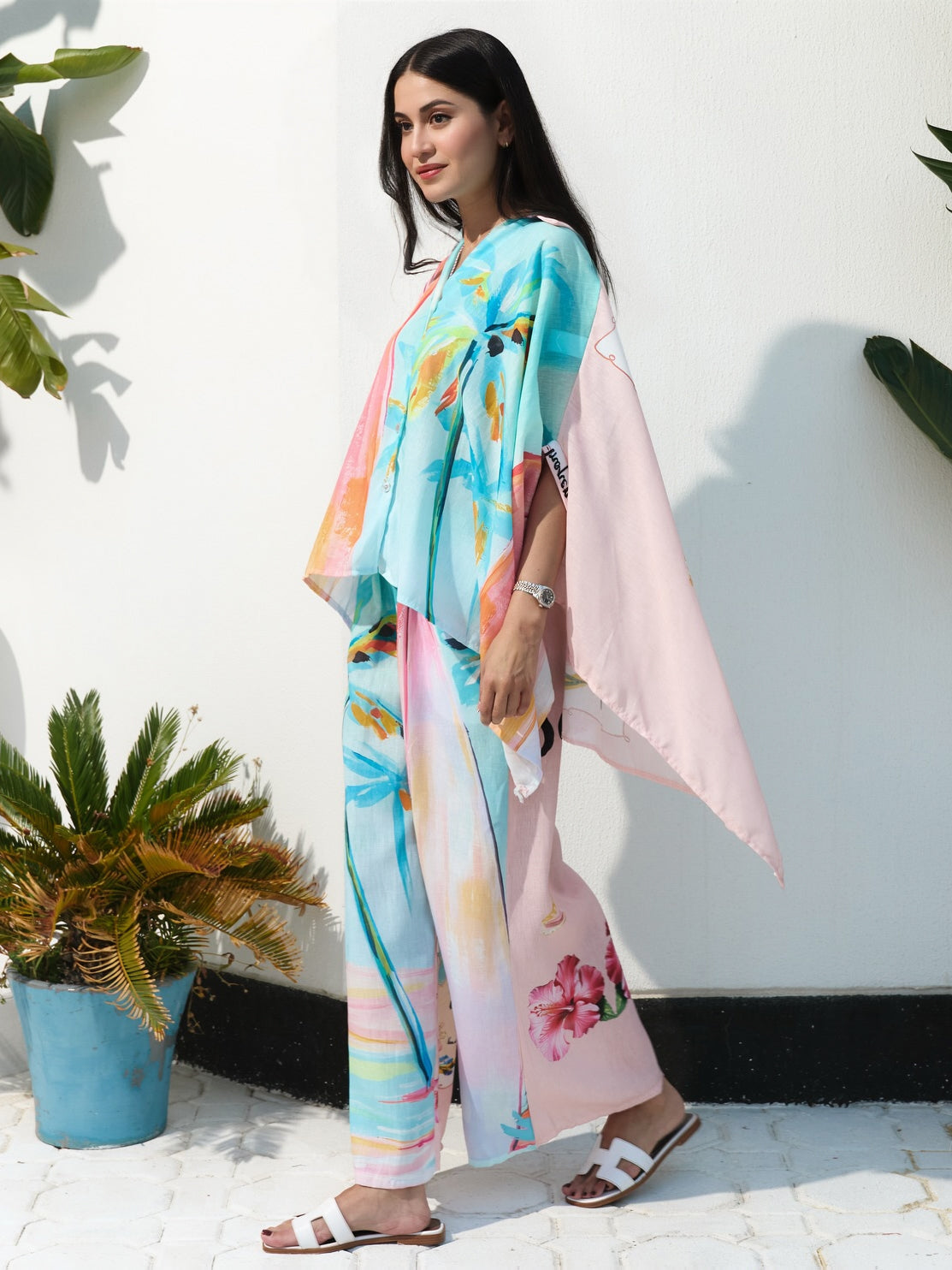 Unique oil painting coconut tree print bat sleeve shirt