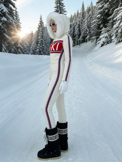 Cream Faux Fur Hood "SKI" Graphic Jumpsuit