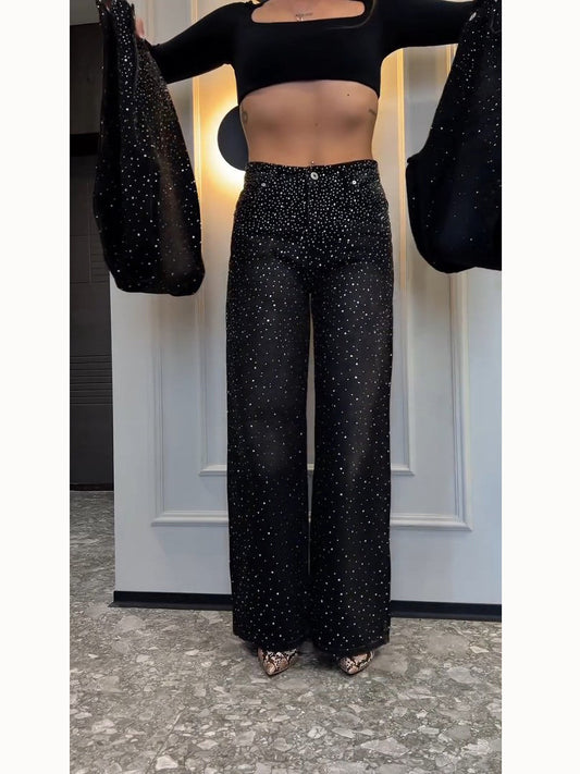 All-Over Rhinestone Wide-Leg Jeans