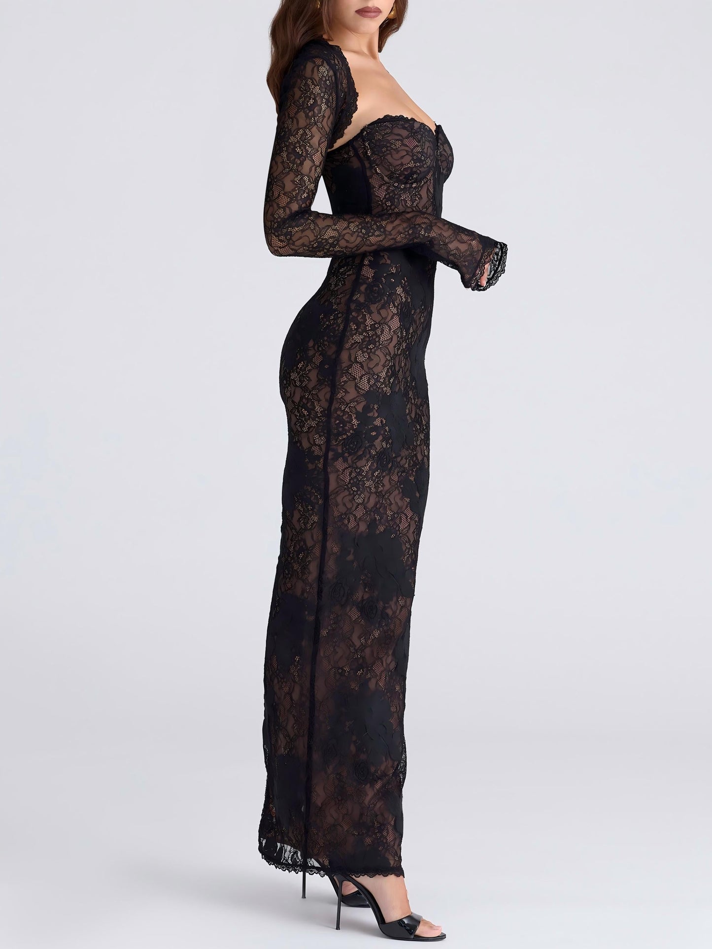 Black Stretch Lace Corseted Bodice Maxi Dress