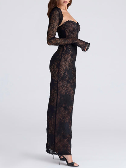 Black Stretch Lace Corseted Bodice Maxi Dress