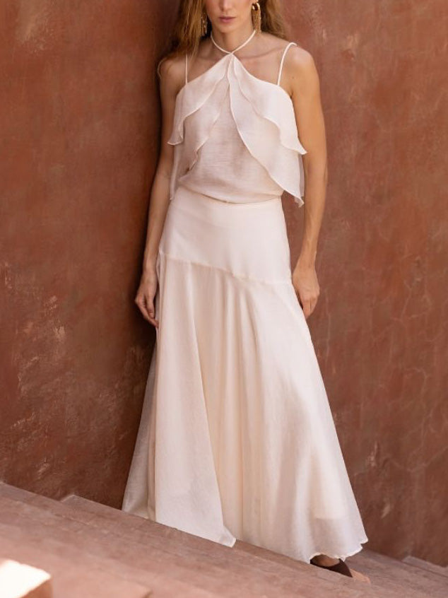 Elegant Halter Ruffle Top & Flowing Maxi Skirt Two-Piece Set