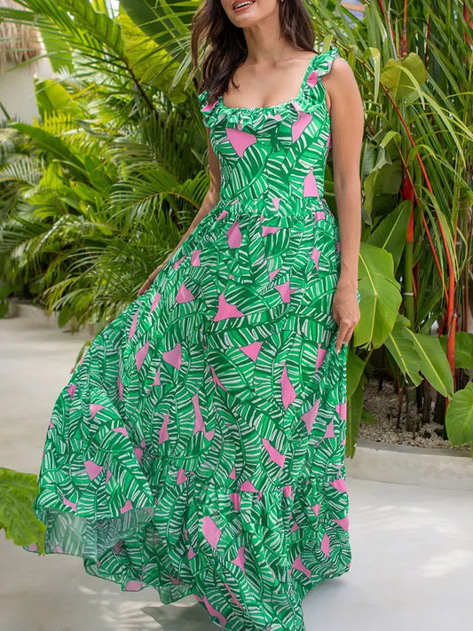 Green Ruffle Print One Piece Swimsuit