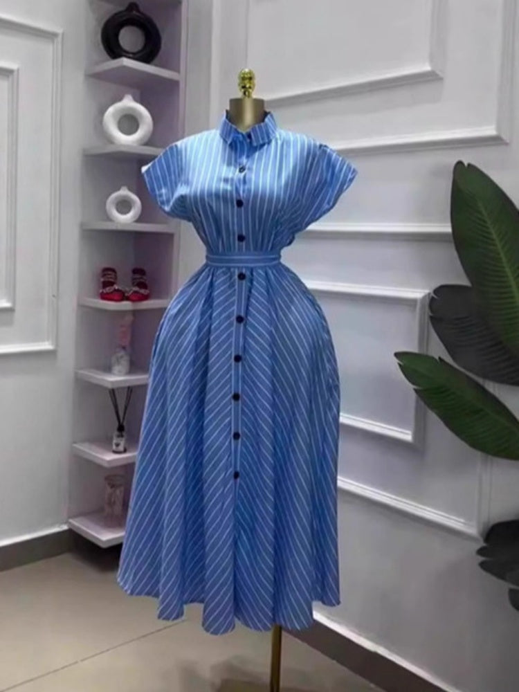 Striped Shirt-Collar Button Midi Dress