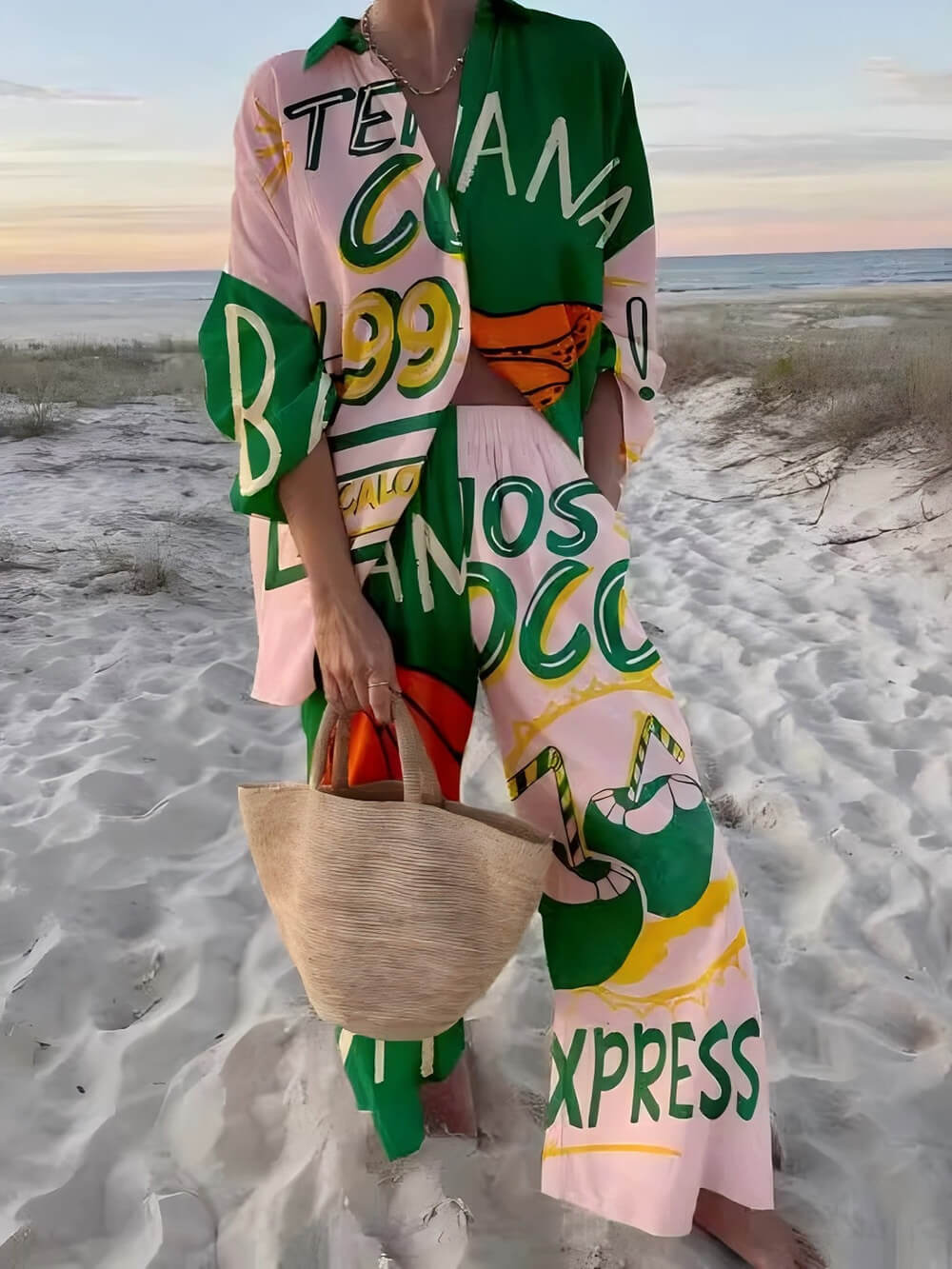 Unique Pink And Green Two-Color Patchwork Print Holiday Set