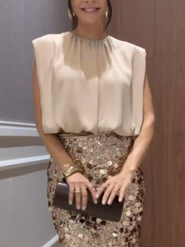 Elegant Sleeveless Blouse & Sequin Midi Skirt Two-Piece Set