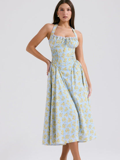 Soft Blue Vintage Floral Print Backless Tank Dress