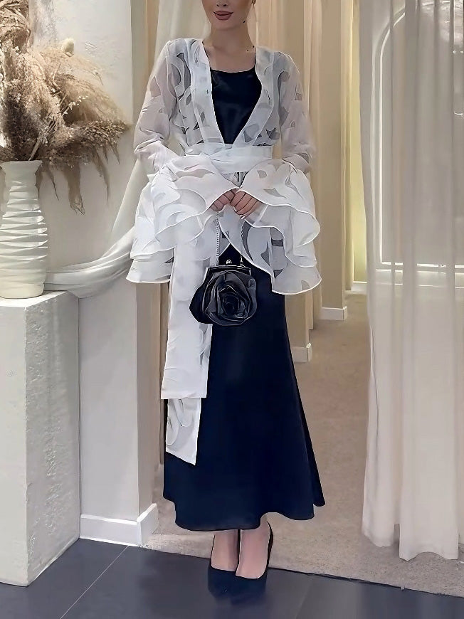 Elegant Ruffled Organza Cardigan & Black Maxi Dress Two-Piece Set