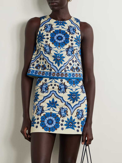 Unique Exquisite Floral Print Shorts Vest Two-piece Set