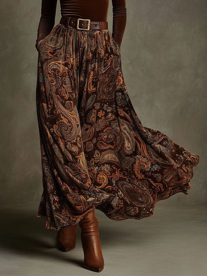 Retro Stretch Velvet Top And Paisley Print Maxi Skirt Set